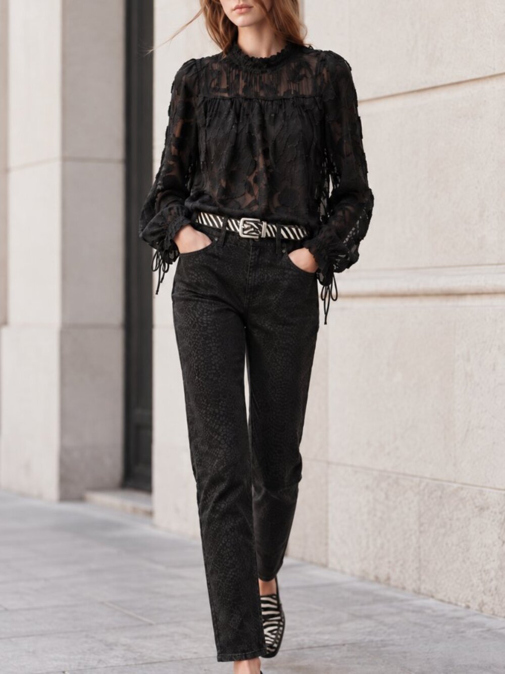 Wilfred XS Black Semi-Sheer Textured Flowy Blouse | Romantic Fall Layer